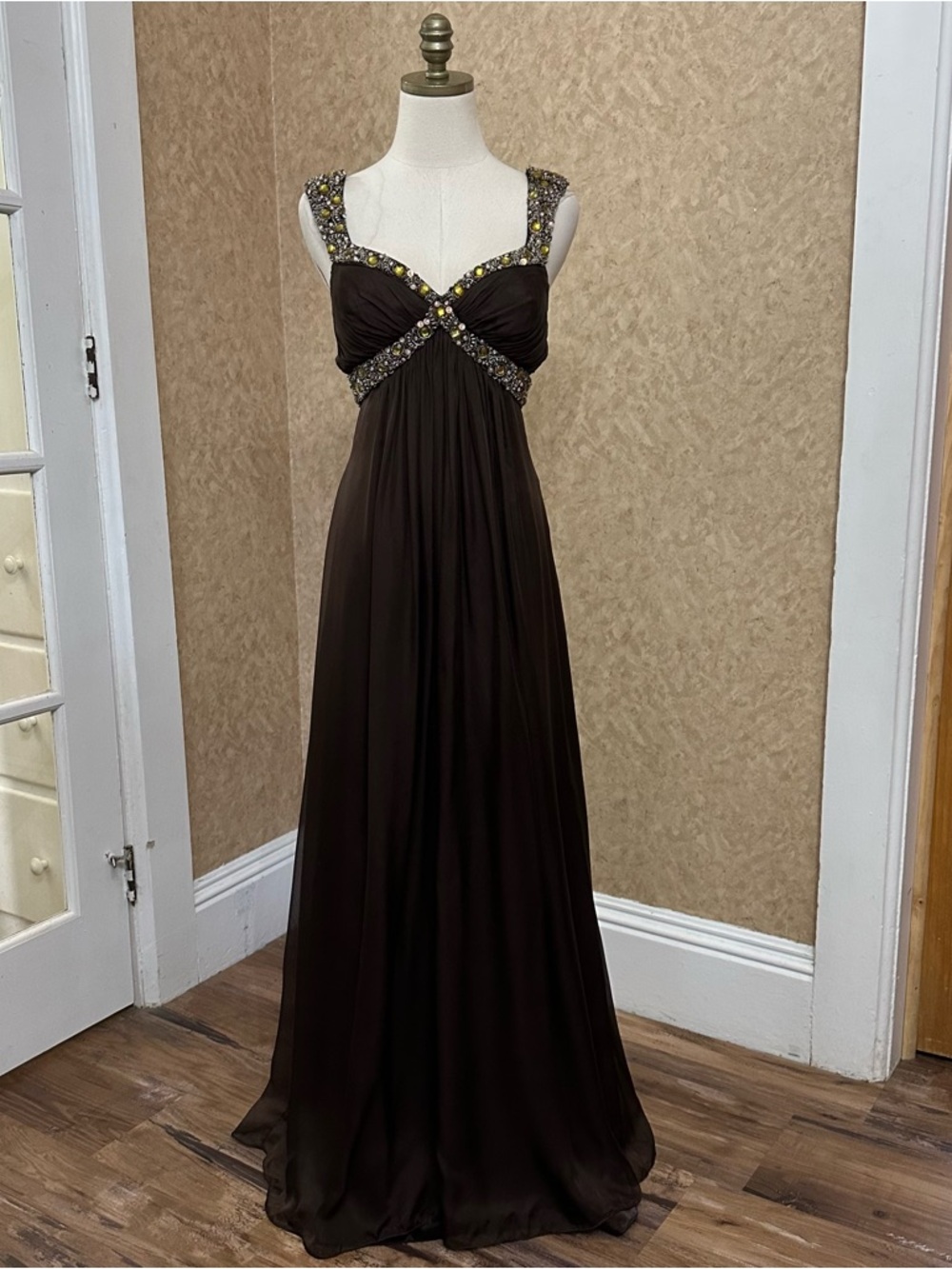 Beaded Empire Waist Chocolate Brown Prom Dress